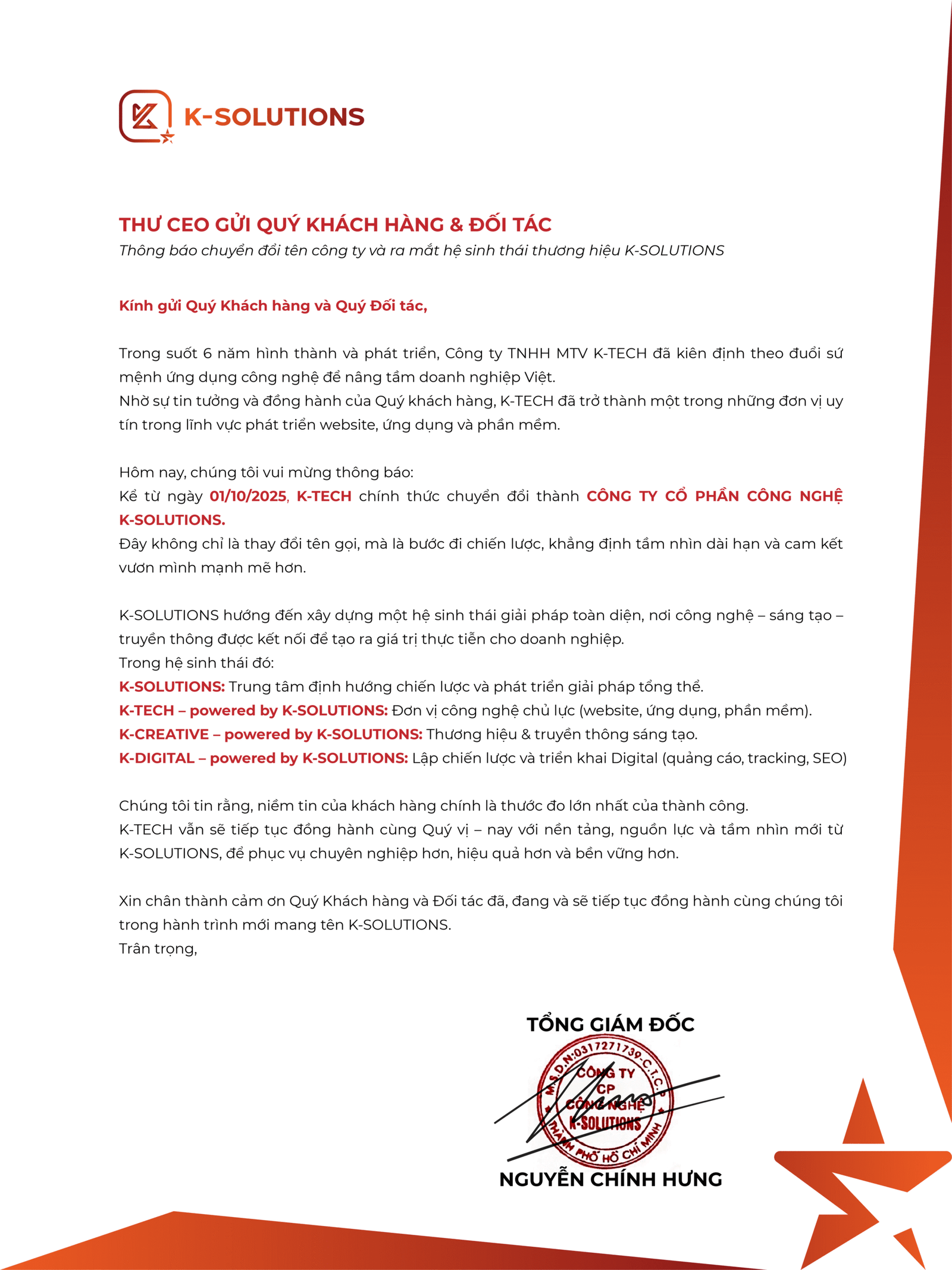 Thư CEO gửi khách hàng