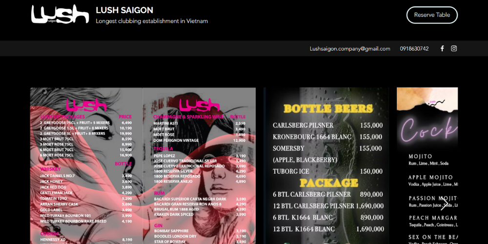 Mẫu thiết kế website quán Bar - Lush SaiGon