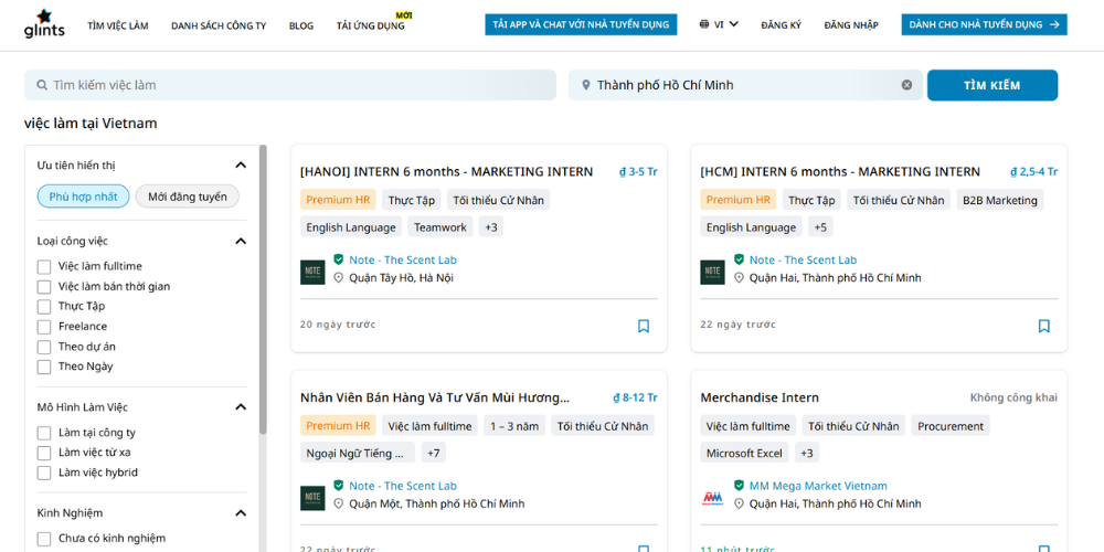 Mẫu thiết kế website tuyển dụng hàng đầu Glints